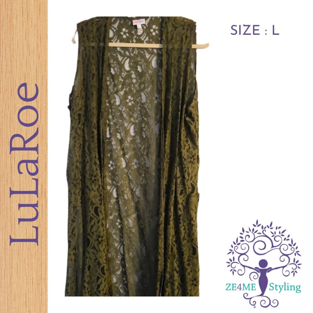 Lularoe Joy Olive Green Lace Duster Vest, Size Large
